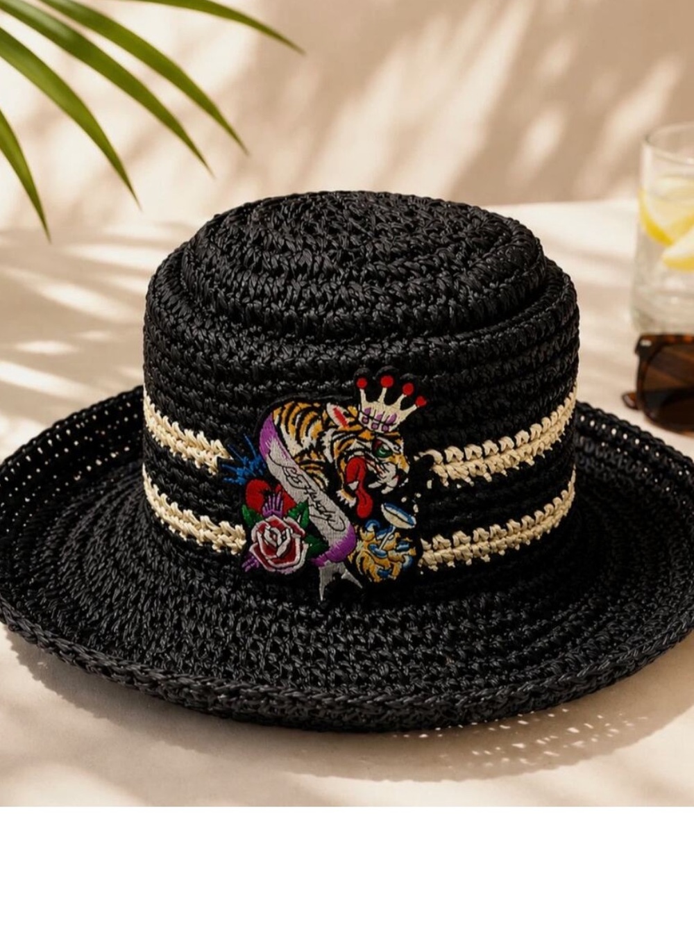 Ed Hardy Black Straw Sun Hat with Tiger Embroidery